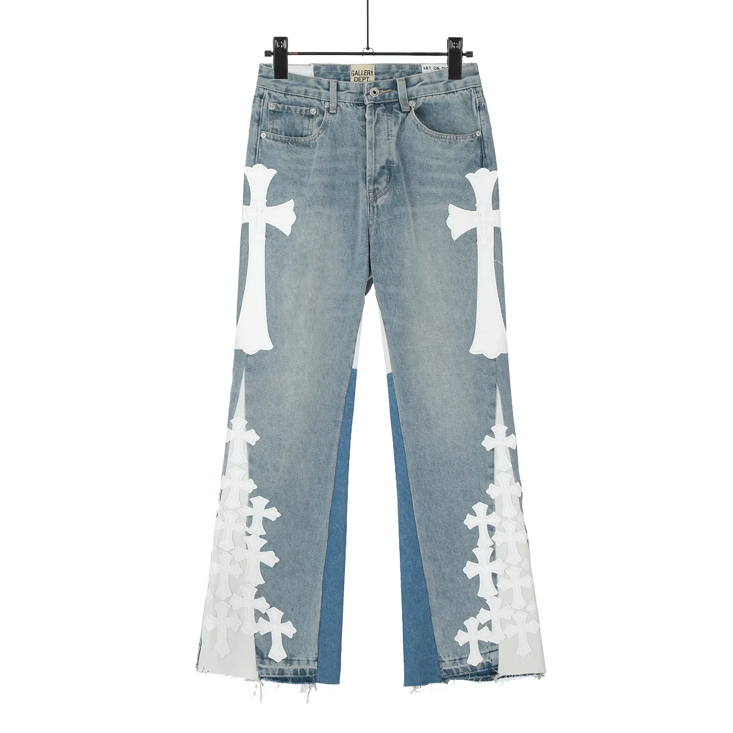 #8146 P290💰 Independent GALLERY DEPT. Vintage multi-leather spliced cross loose washed flared jeans - truly restore the ultimate texture of Vintage - original hardware accessories washed and other elevators, QR code analysis are all purchased from the original factory, high degree of restoration, you are welcome to compare with a certain product~ - Three-dimensional version Loose and comfortable, not picky about the body shape, taller and slimmer, factory Seiko, original factory quality control, same style for men and women, can be matched with couples, versatile recommendation, must-have jeans for all seasons -Size: 28 30 32 34 36